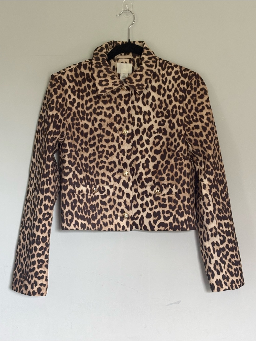 H&M Lady Leopard Print Cropped Jacket Gold Button Front | XS